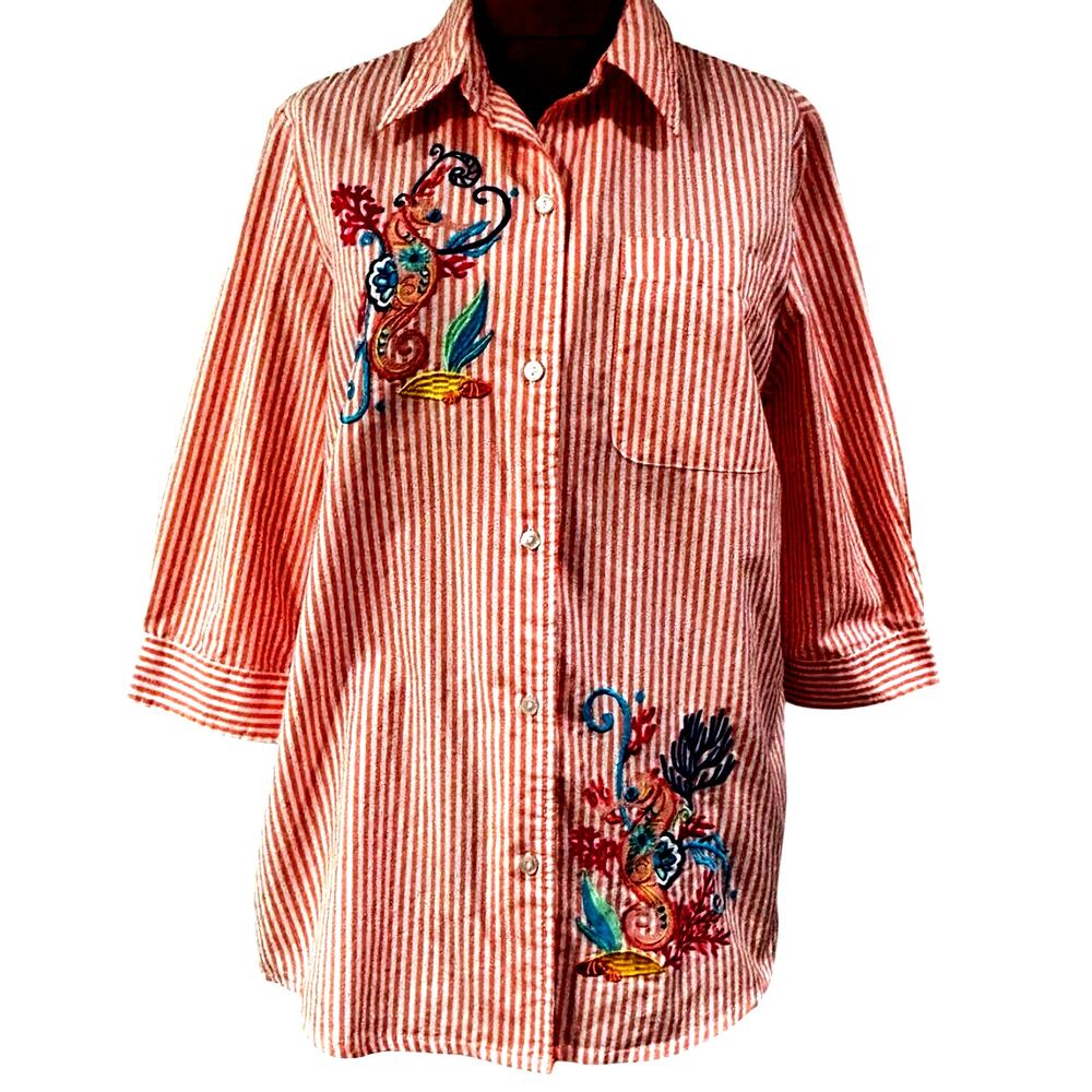 Blair top 3/4 sleeve pink striped embroidered blouse M cotton button front
